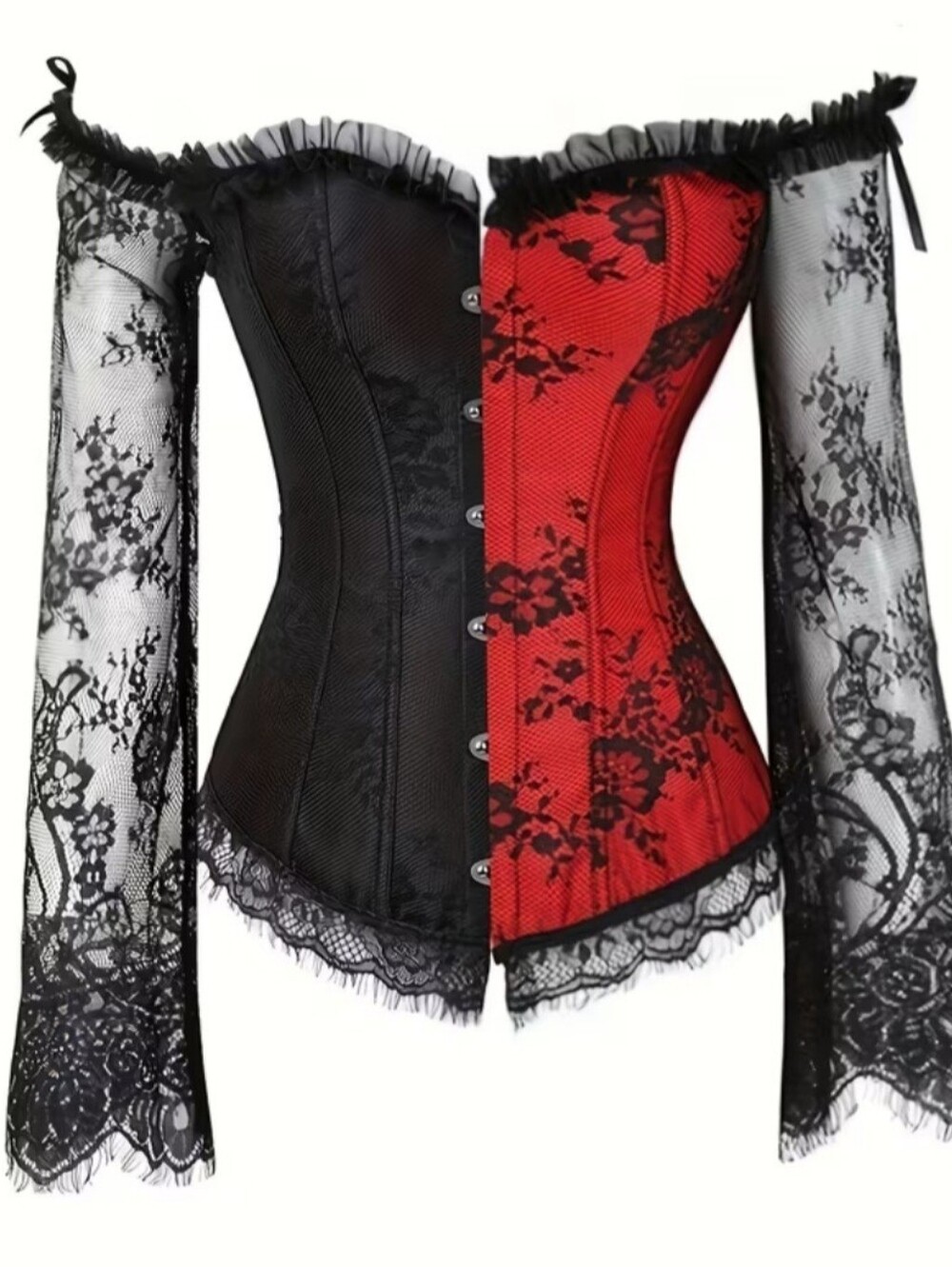 Black & Red Lace Corset W Lace Sleeves Harlequin Gothic Renn Style
